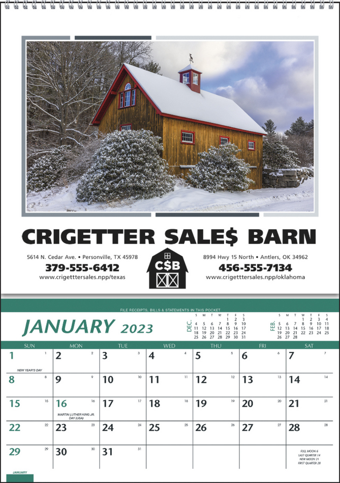 Farm Theme Single Image Pocket Wall Calendar, Size 10x14