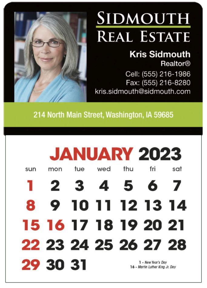 Full-Color vinyl header imprint Stick-Up Calendar, Red & Black Grid