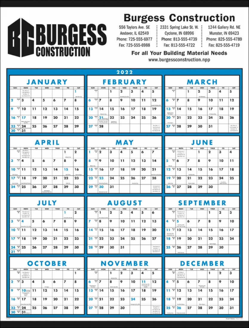 Span-A-Year Calendar with Blue & Black Grids Size 22x29 | 2024