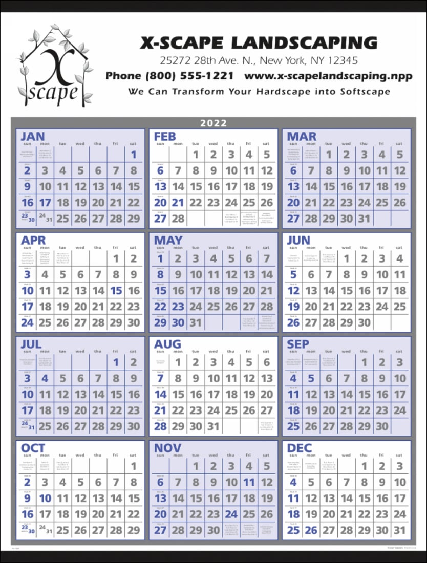 Year-At-A-Glance Wall Calendar Size 22x29 with Blue & Gray Grids