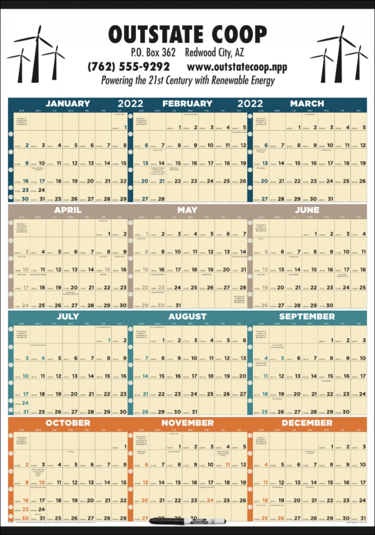 Year In View UV-Laminated Calendar size 27x38, Julian Dates, Week Numbers, Marker included, Full-Color imprint option