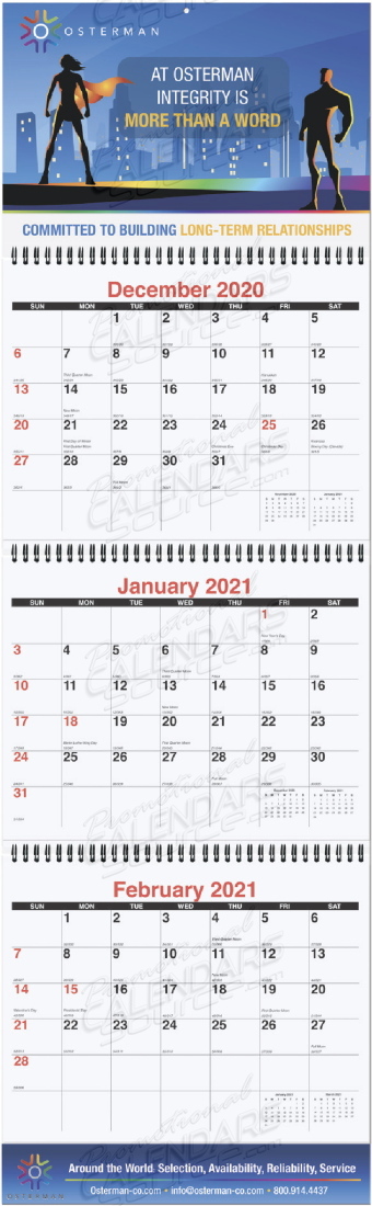 3 Months at a Glance Custom Calendar w Drop Ad 10.75x35, Julian Dates