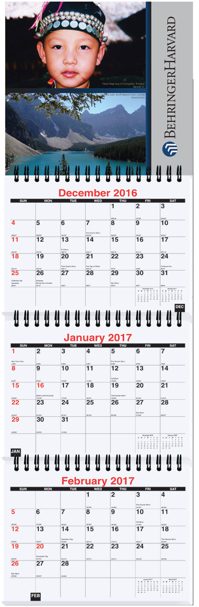 Custom 3 Months at a Glance Calendar 6x18.75, Black & Red Grid, Full Color Top Panel Imprint, Julian Dates