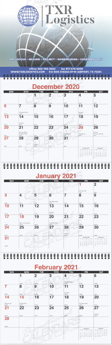 Promotional 3 Months at a Glance Single Image Calendar 10.75x33.75 with Julian Dates