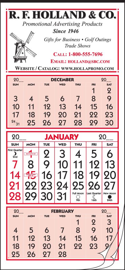 12-Sheet 3-Month Single Panel Calendar 9.25x19.75