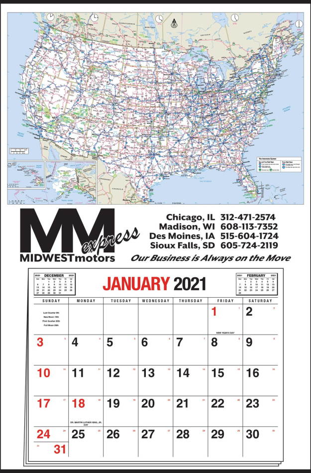 Large Full-Apron Calendar with U.S.A. Map and 12 Month Pad, Size 25x38