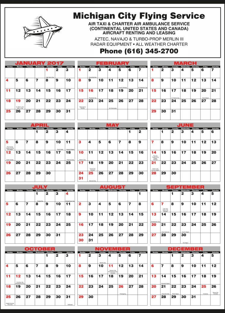 Full Year In View Calendar 19.5x28 Black & Red Grid