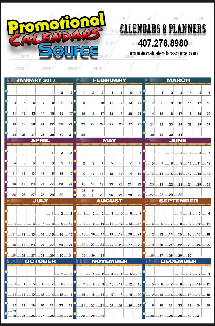 Year-In-View Wall Planner Calendar with Multicolor Grid 25x38