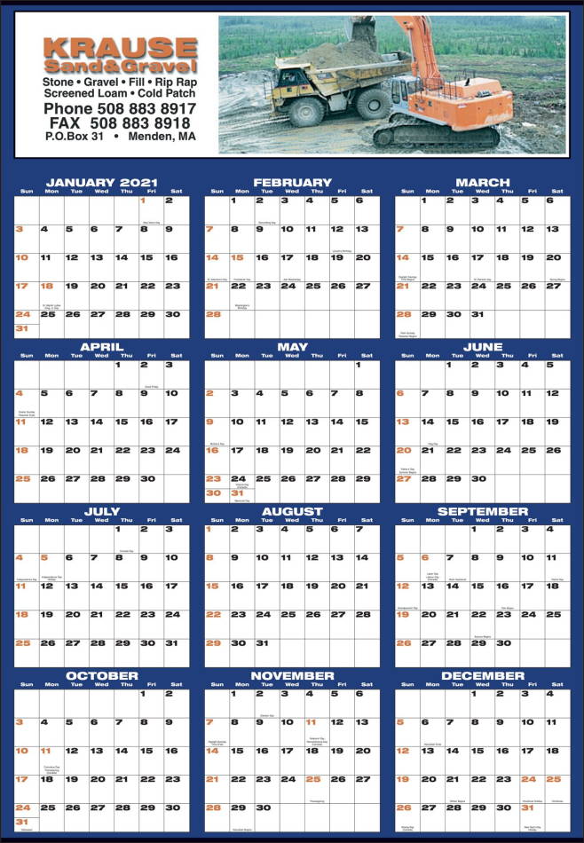 Large Custom Year-In-View Wall Calendar Full Color, 27x39, Tinned top and bottom