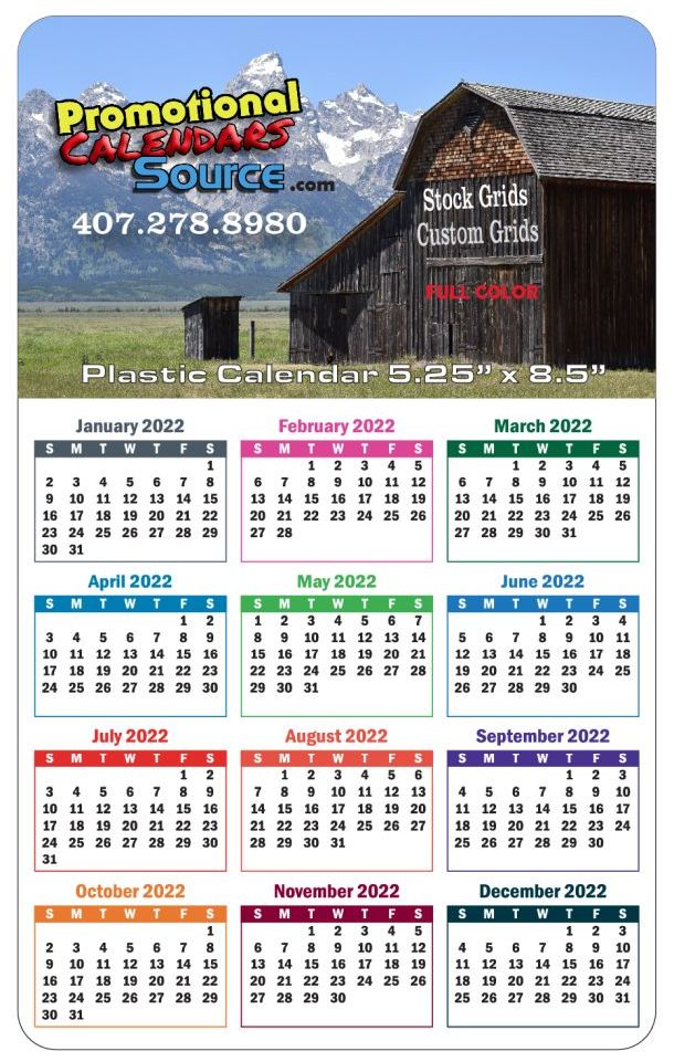 Laminated Plastic Year-In-View Calendar, Size 5.25x8.5 with Custom Full-Color Imprint Two Sides - 14 pt.