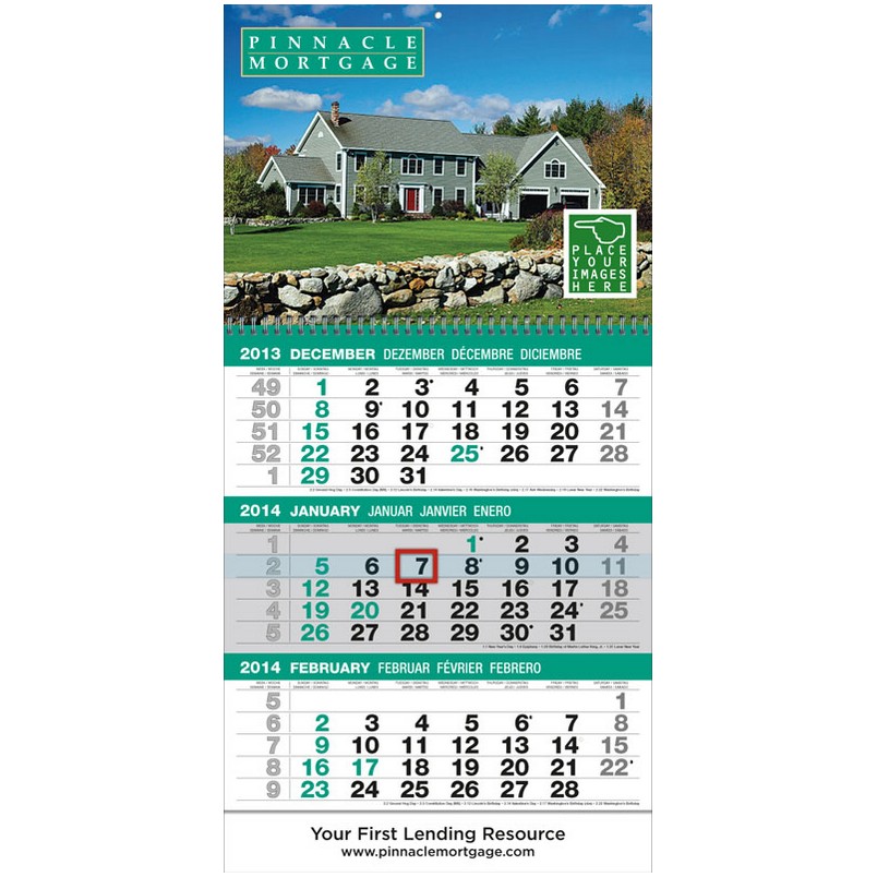 3 Month View Custom Promotional Calendar with B&W Drop Ad, Size 12x24.5 Full-Color