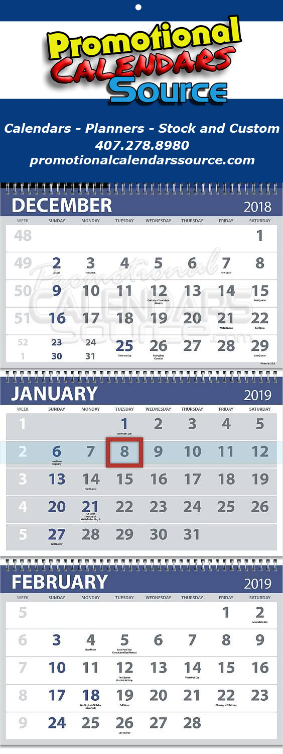 3-Month View Custom Calendar w 4 Panel Construction 13x34