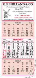 3 Month View Calendar Single Panel 12 Sheets Tinned Top Size 9.25x19.75
